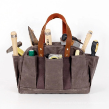 Custom Vintage Waterproof Heavy Duty Waxed Canvas Garden Tool Tote Bag with Leather Straps